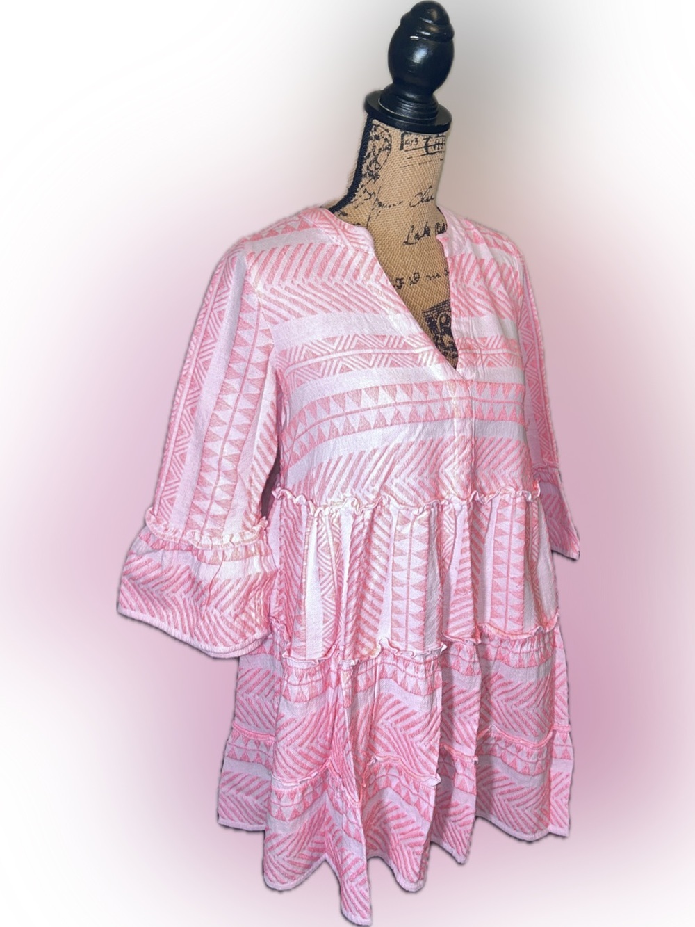 Mud Pie Renee Hot Pink Yarn Dye Tiered V-Neck Mini Dress S - Picture 6 of 14